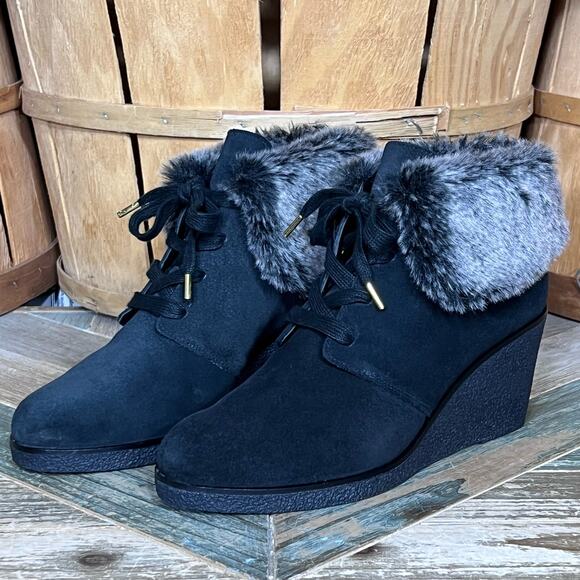 Cole Haan Coralie Wedge Faux Fur Black Suede Waterproof Ankle Boots Women Size 8 - Picture 3 of 12